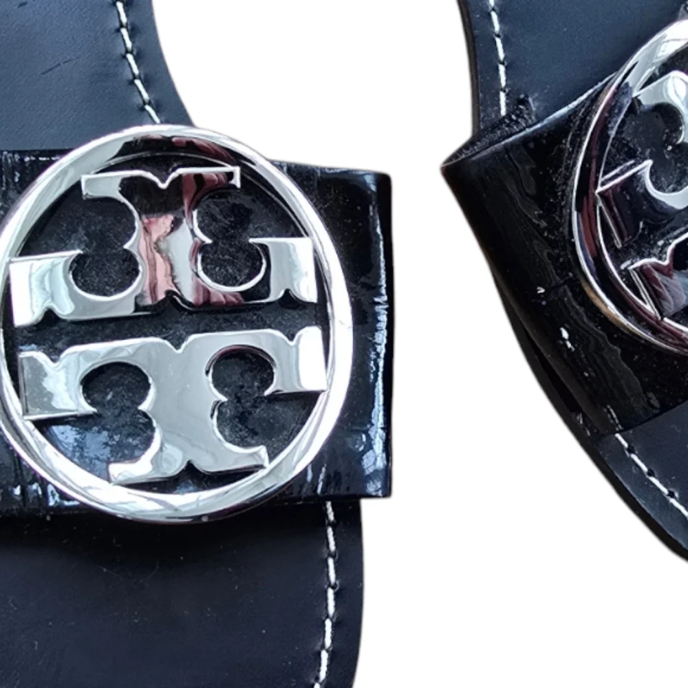 Tory Burch Black Patent Slide Sandals with Silver Logo Medallions